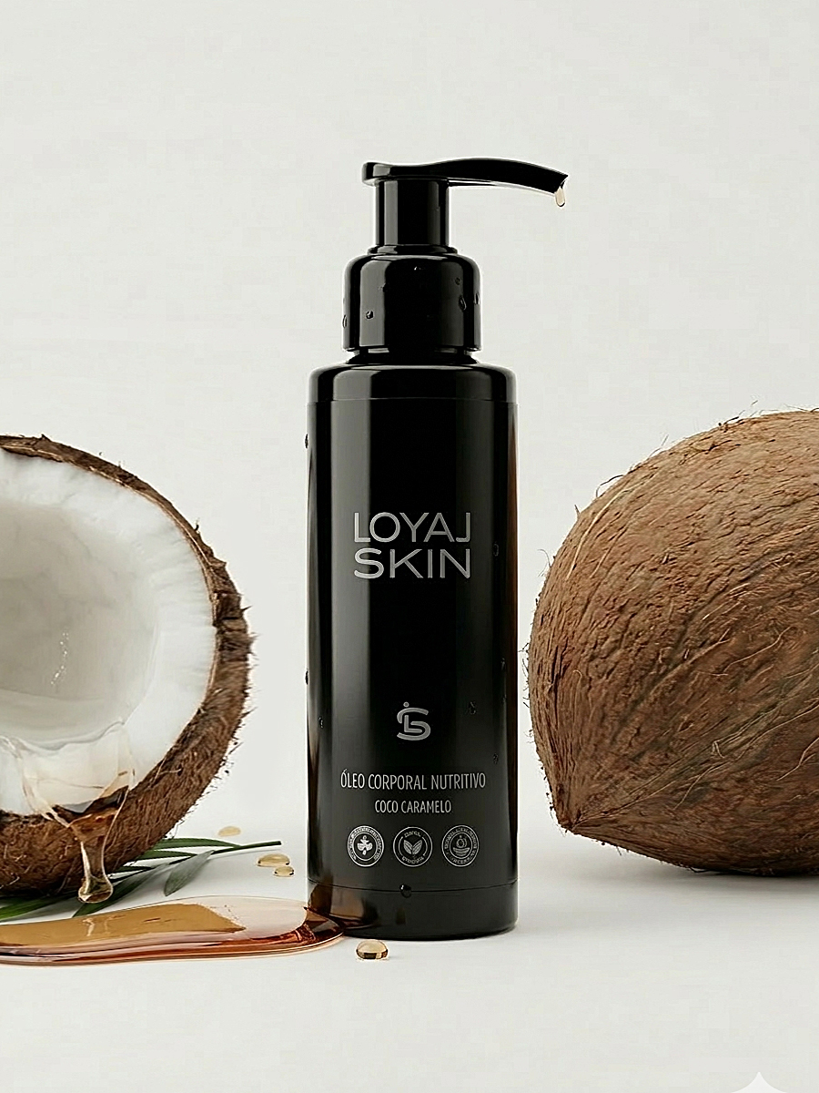 Frasco do óleo corporal Loyal Skin com coco e óleo, sobre fundo claro