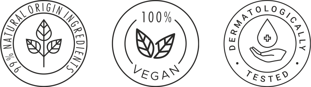 Símbolos da embalagem: 99% de ingredientes de origem natural, 100% vegan e dermatologicamente testado